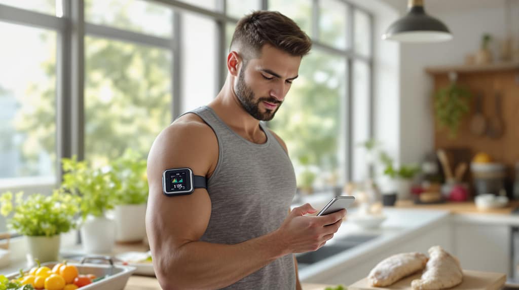 Ein sportlich junger Mann kontrolliert seinen Blutzuckerspiegel sicher mithilfe eines CGM-Geräts und einer Smartphone-App.