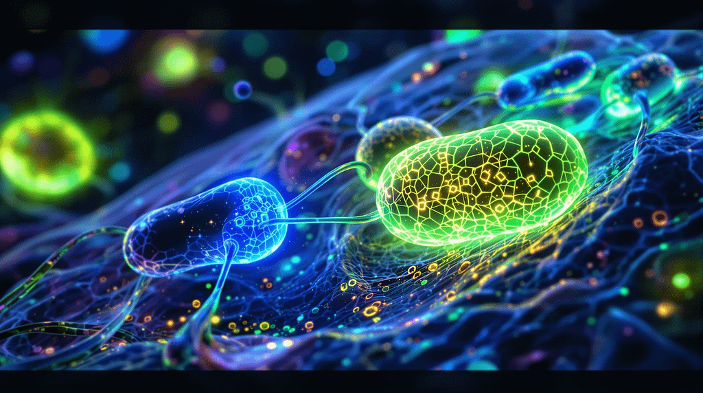 Mikroskopische Ansicht einer menschlichen Zelle mit dynamischem Netzwerk von Mitochondrien, die Fusion und Fission zeigen, unterstützt durch Magnesiumionen.