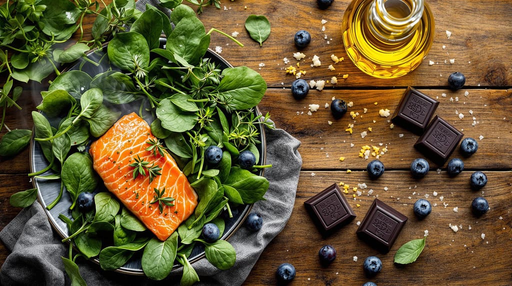 professionell angerichtete Mitochondrien-Superfoods in appetitlicher Gourmet-Präsentation für Biohacker Enthusiasten