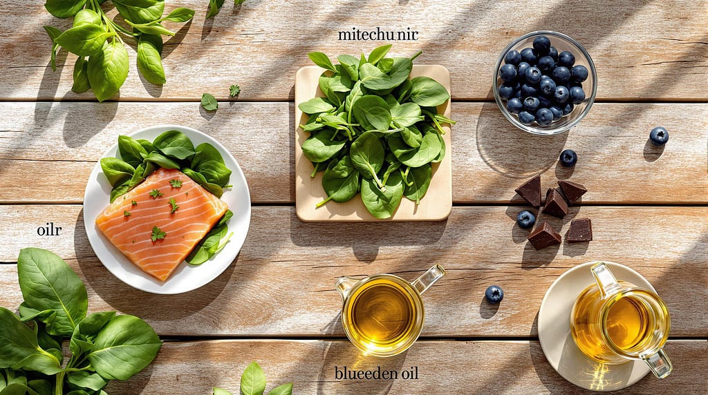 Gesunde Lebensmittel zur Unterstützung der Mitochondrien appetitlich angerichtet.