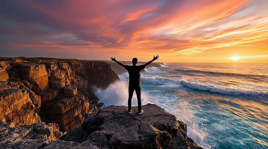 Ein Mann steht am Rand einer zerklüfteten Klippe, die Arme weit ausgestreckt, und genießt die belebende Meeresbrise. Vitamin D3 wird als Sonnenvitamin bezeichnt aufgrund seiner guten Wirkung auf die Lebensfreude.