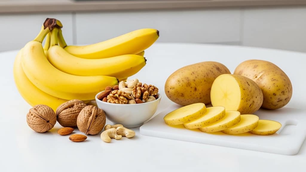 Biohacking mit Vitamin B6. Bananen, Nüsse, Kartoffeln. Symbolbild.