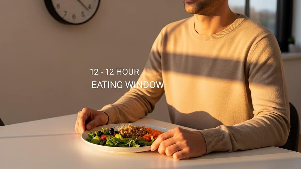 Biohacking als Ernährungsroutine mit 12:12 Intervallfasten. KI Visual