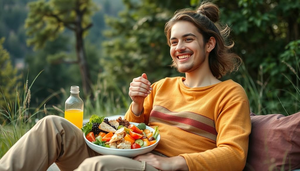 Person genießt energiereiche Biohacking-Mahlzeit in der Natur Person genießt energiereiche Biohacking-Mahlzeit in der Natur