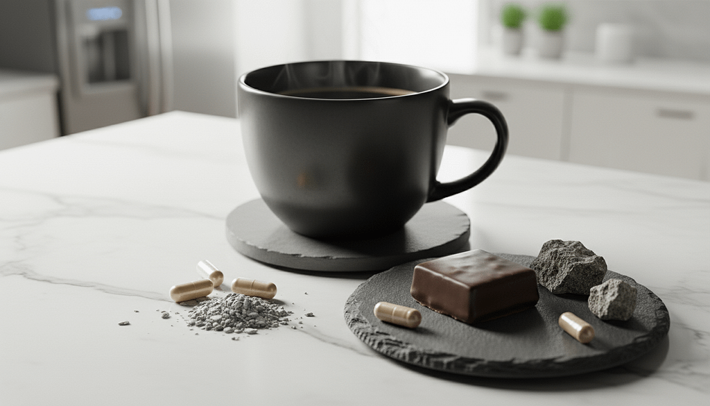 Magnesium Status optimal, mit Kombination Dunkle Schokolade mit Supplementen. KI Visual.