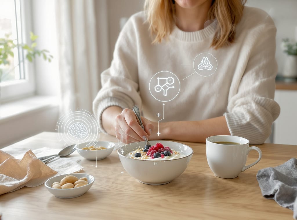 Biohacking frühstück mit high protein, visualisierung von neurotransmitter support und muskelstabilität.