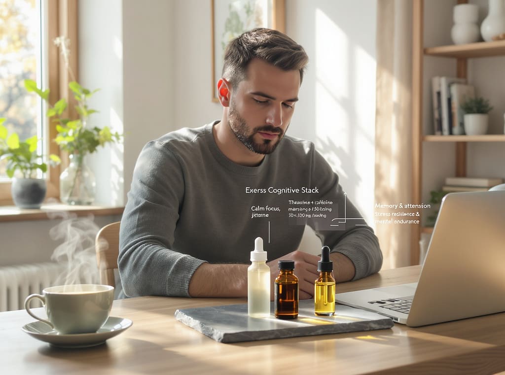 Biohacking modern setup für fokus. schreibtisch mit grünem tee (l theanin + koffein), citicolin. symbolbild.