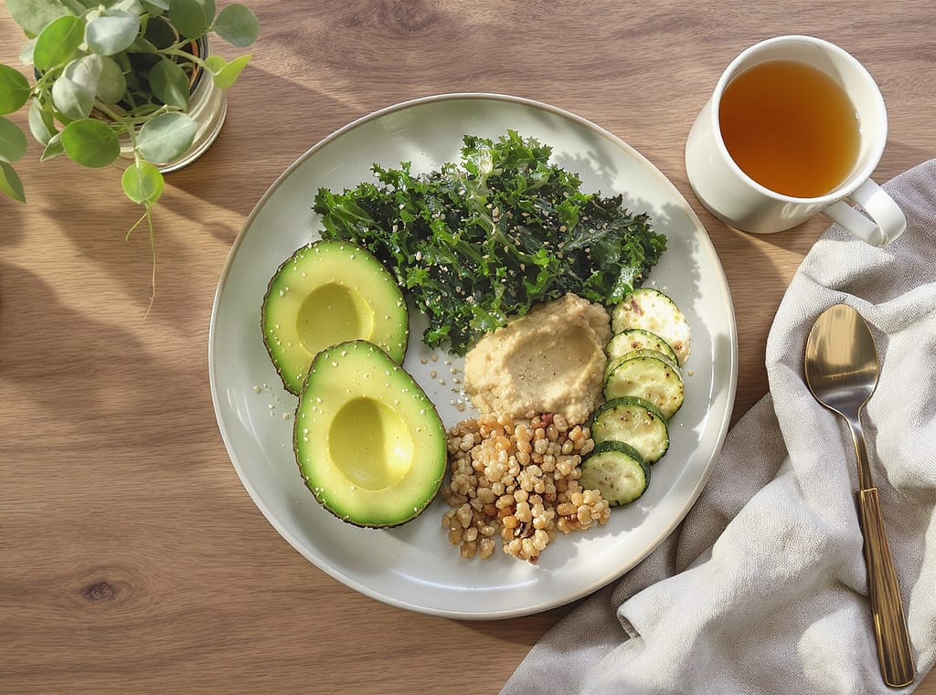 Die gesamte komposition, einschließlich des kräutertees und der minimalistischen, natürlichen Ästhetik, fängt den geist des scheinfastens sehr gut ein.