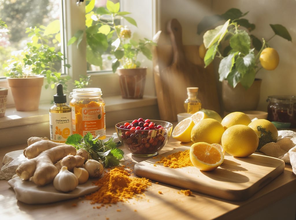 Immunbooster in einer Wellnessküche. Symbolbild. Frische Zutaten, dein Shot für mehr Energie und Immunkraft.