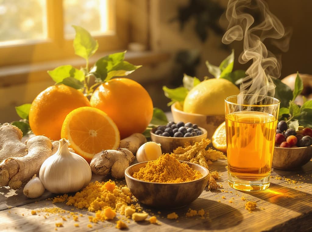 Immunbooster natürlich. Frische Immun-Booster mit Zitrus und Ingwer, natürlich stark für dein Immunsystem.”