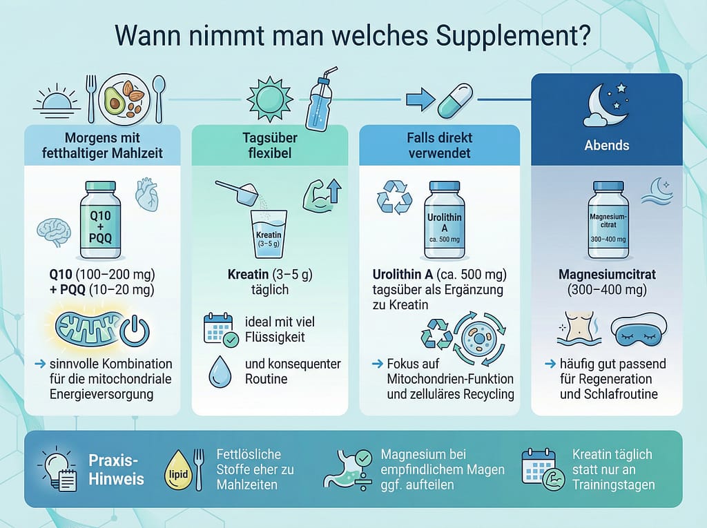 Supplemente Timing im Tagesverlauf. KI Infografik.