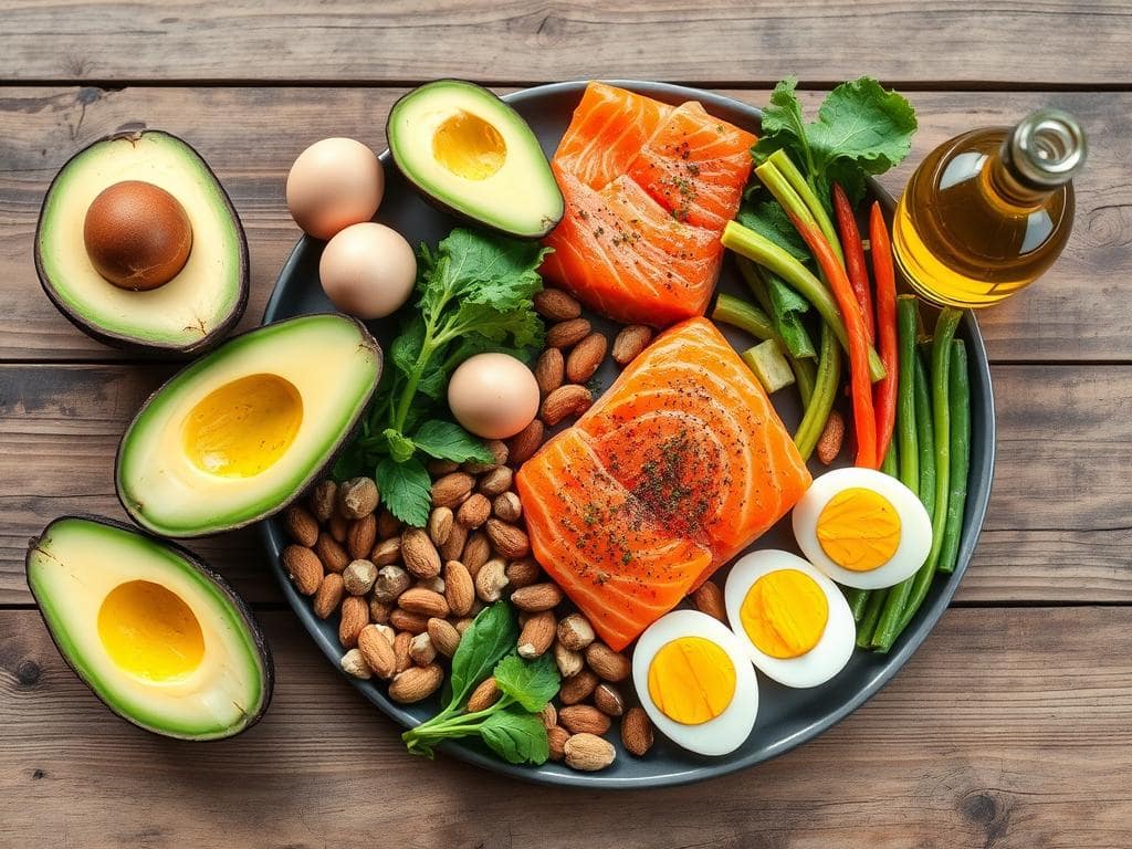 Ketogene Biohacking-Mahlzeit mit gesunden Fetten, Gemüse und Proteinen Ketogene Biohacking-Mahlzeit mit gesunden Fetten, Gemüse und Proteinen