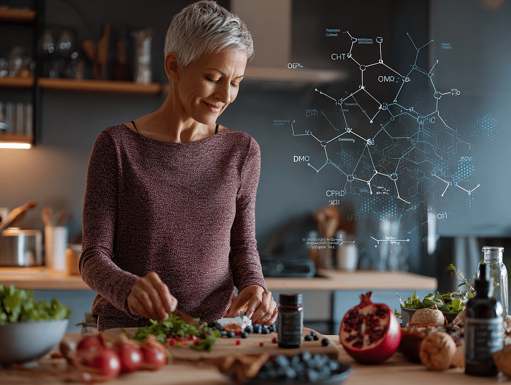 Mitochodrien optimieren wie diese fitte ältere Dame mit viel Obst und gemüse.