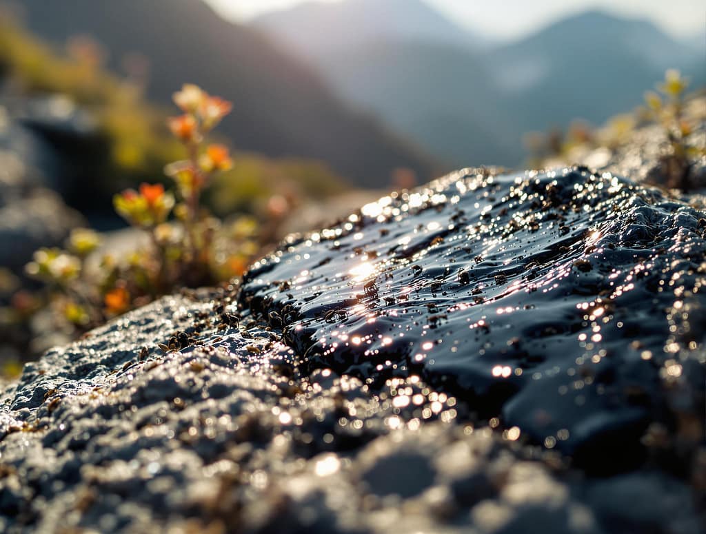 Shilajit Exsudat im Sommer im Himalaja das schwarze gold. Symbolbild.
