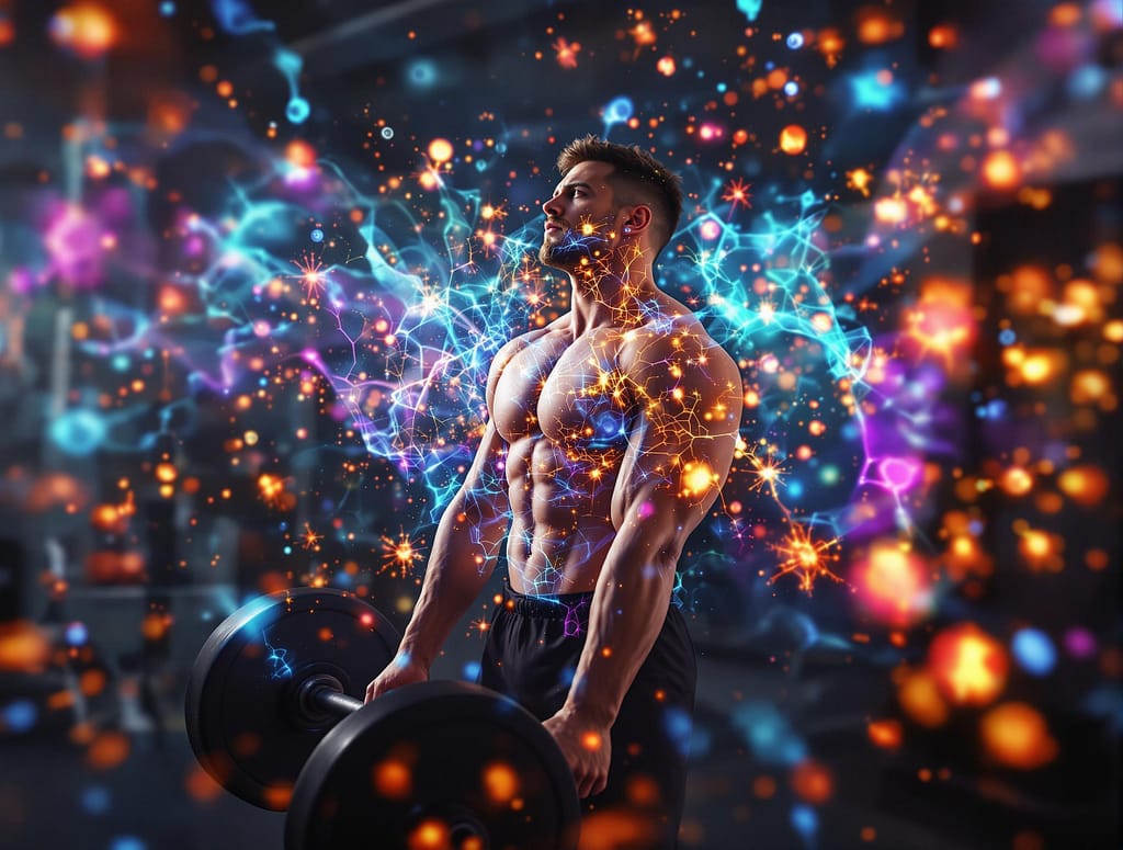 Autophagie. eine trainierende person, umgeben von holografischen darstellungen zellulärer prozesse wie autophagie und mitophagie. symbolbild.