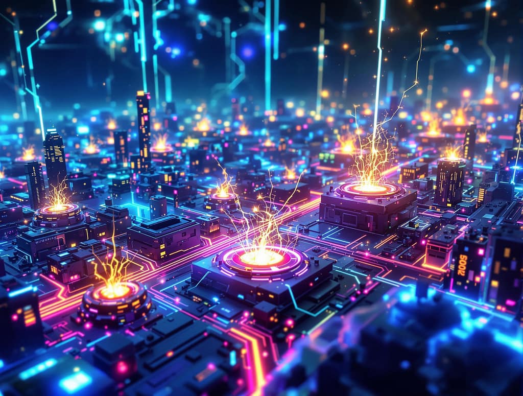 Autophagie. mitochondrien als leuchtende mini kraftwerke in einer futuristischen zellstadt, umgeben von energieflüssen. symbolbild.