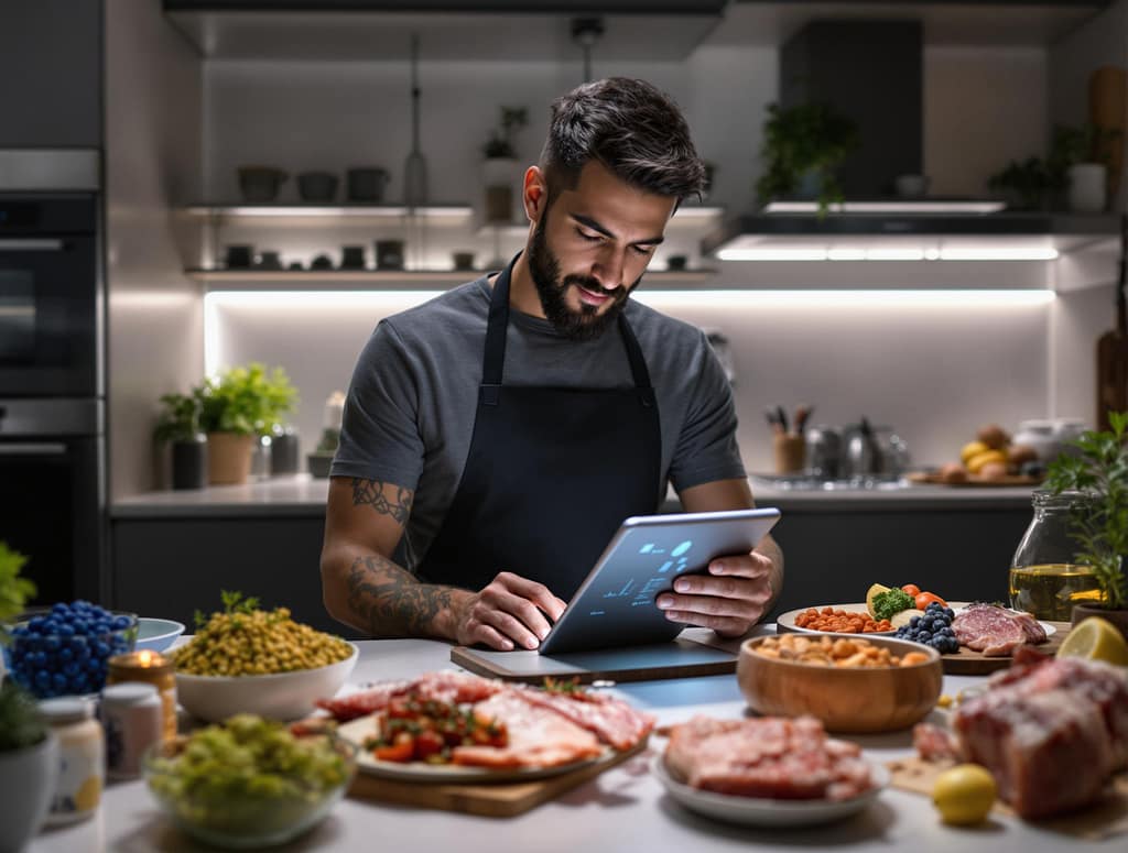 Biohacker jung fit analysiert gesundheitsdaten auf einem tablet, umgeben von zinkreichen lebensmitteln wie linsen, fisch und fleisch.