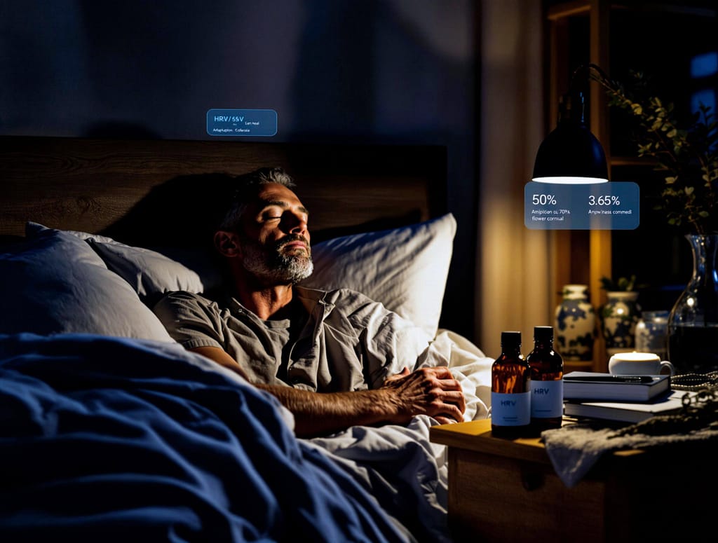 Biohacking schlafszene mit adaptogenen pflanzenstoffen als supplemente für best ager. symbolbild.