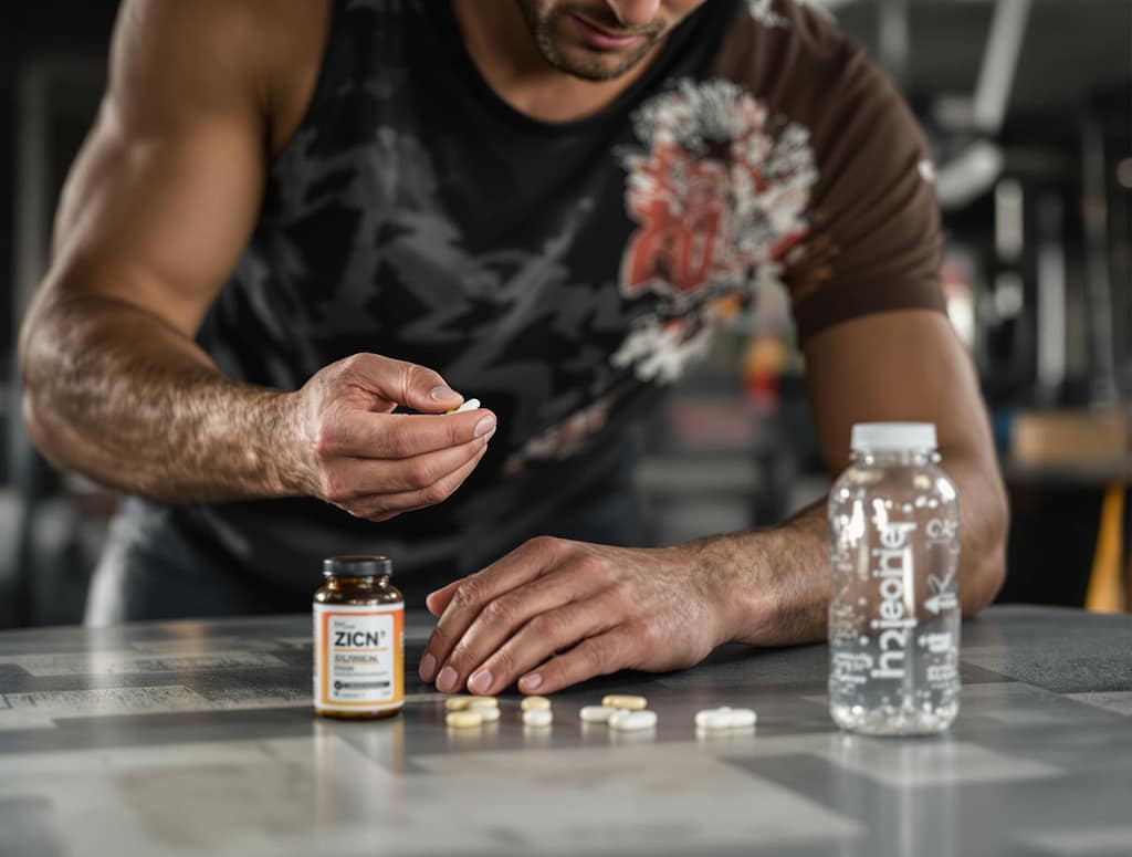 Biohacking, gesunder sportler mittleren alters nimmt nach dem training eine zinkkapsel ein.