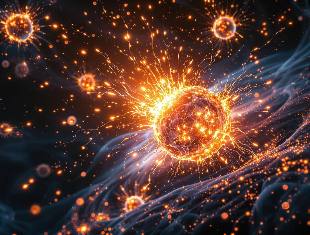 Sulforaphan. beschädigte mitochondrien explodieren in licht und regenerieren sich zu gesunden neuen kraftwerken in einer zelle. symbolbild.