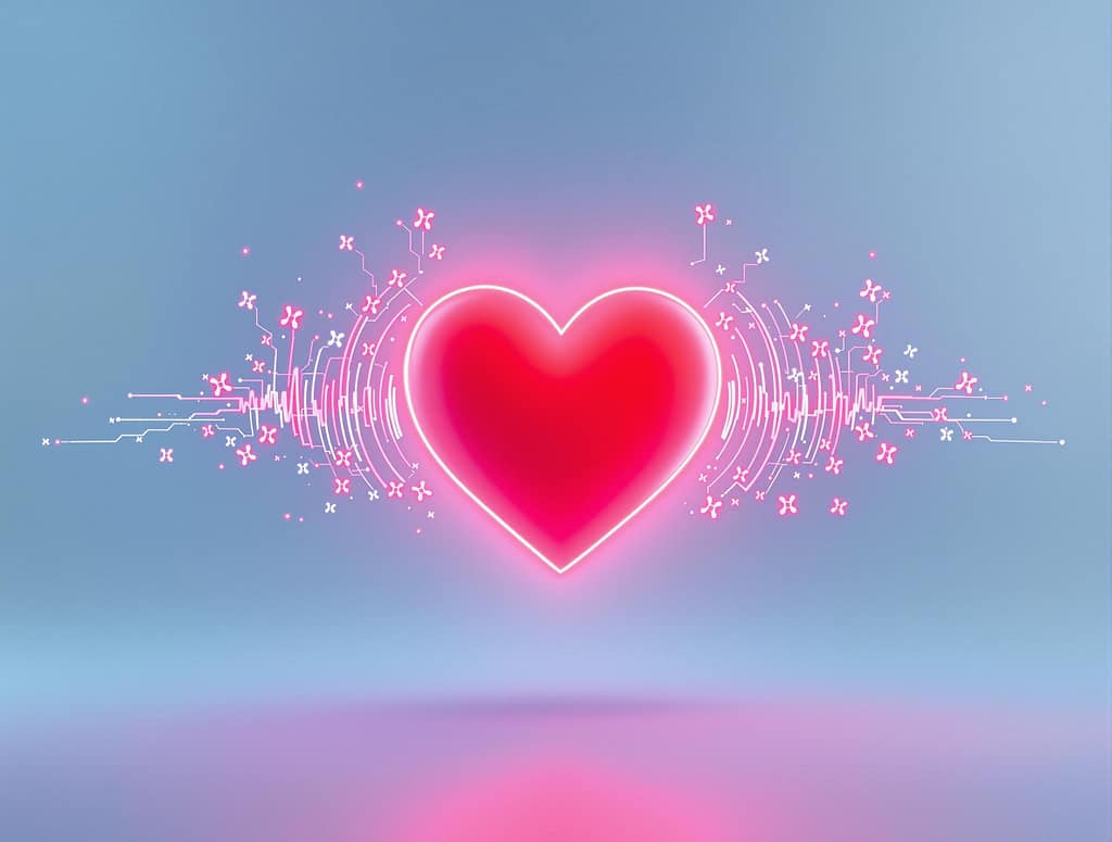 Leuchtendes Herz-Symbol mit schützenden Lichtwellen und Mitochondrien – Darstellung von Herzgesundheit durch Q10.