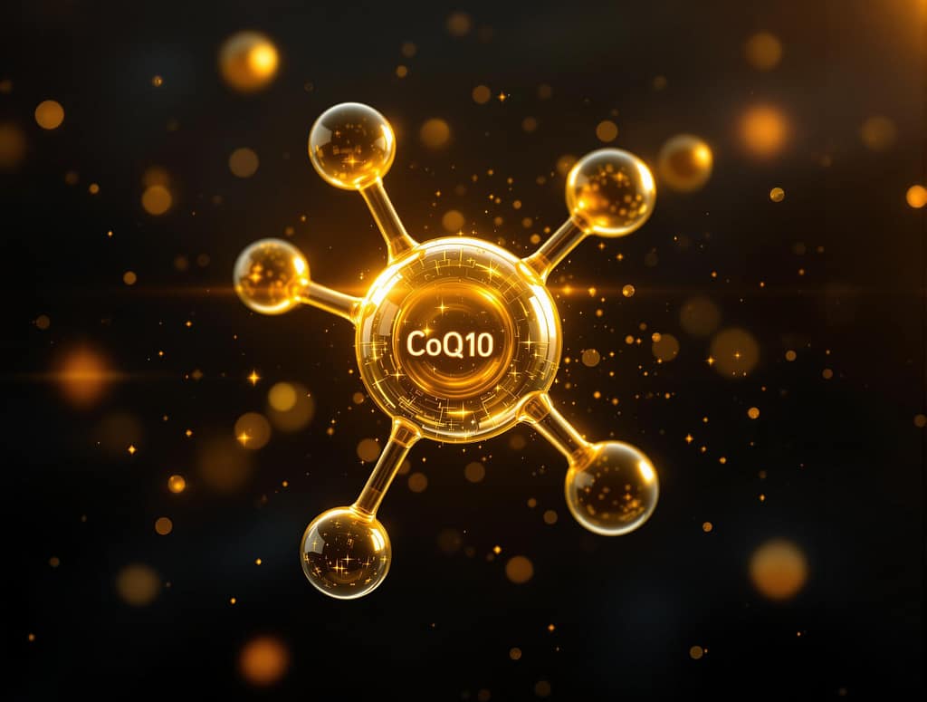 3D-Darstellung des Coenzym Q10 Moleküls, leuchtend und schwebend auf dunklem Hintergrund mit Partikeleffekten.