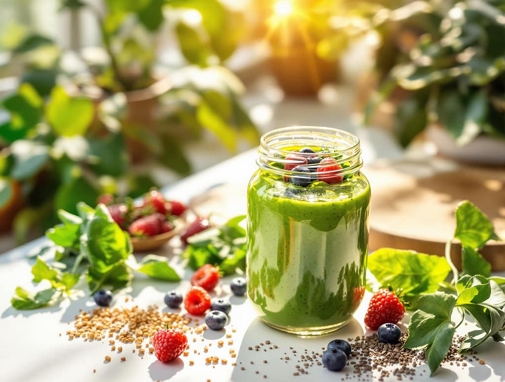 Frischer grüner Smoothie mit gesunden Zutaten im Sonnenlicht – Symbol für natürlichen Energie-Boost.