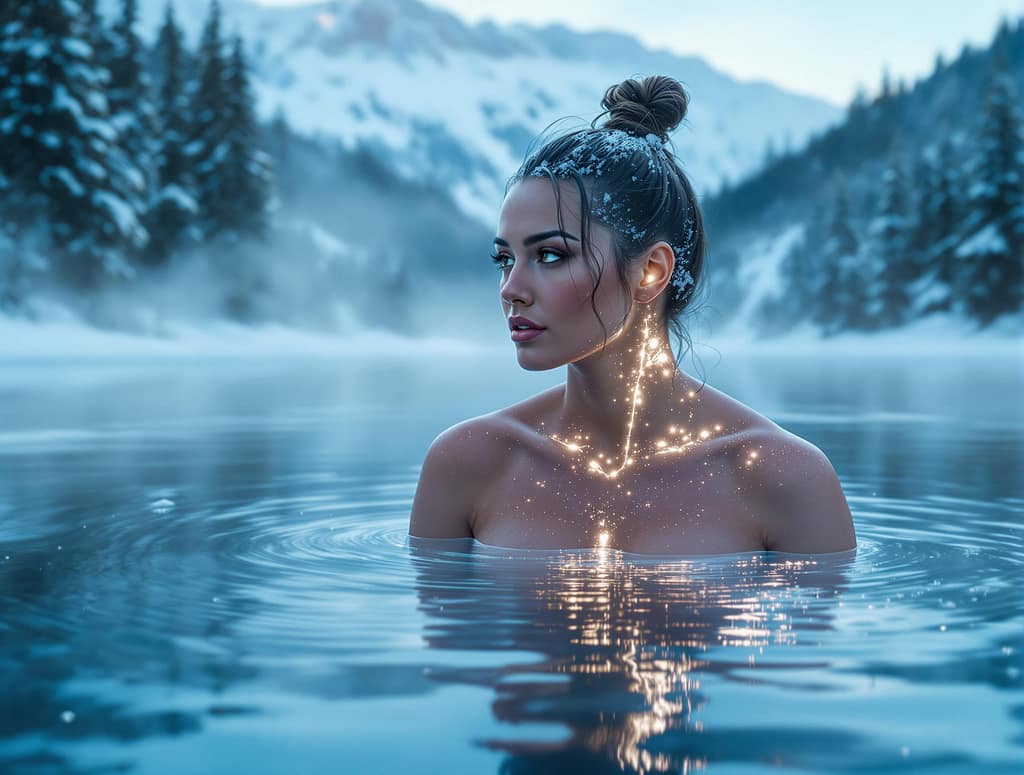 Eine junge Frau badet in einem eiskalten Bergsee, um ihre Mitochondrien zu unterstützen – in winterlicher Landschaft. Eisbaden für Zellgesundheit und Schönheit. Symbolbild.