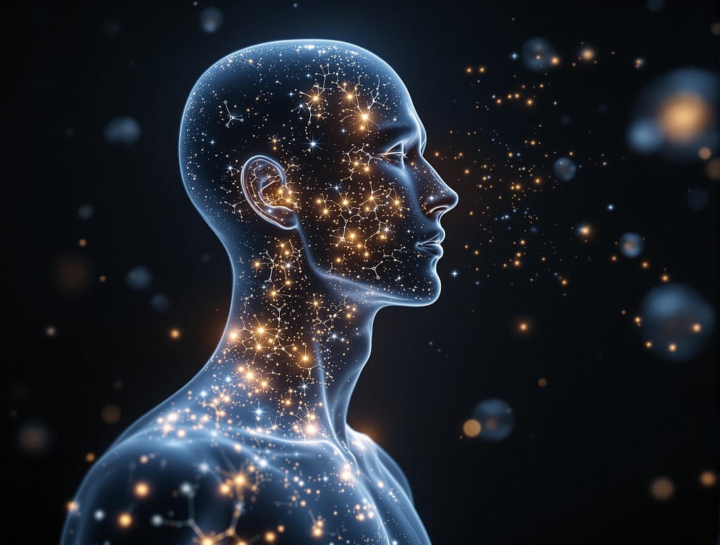 Visualisierung eines menschlichen Körpers beim Fasten – mit wachsender mitochondrialer Aktivität und leuchtenden Zellen als Zeichen der Regeneration.