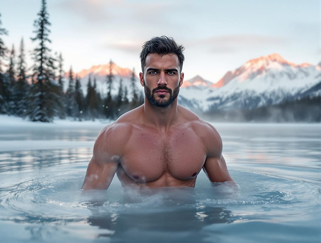 Ein sportlicher Mann steht in einem gefrorenen Bergsee bei Sonnenaufgang, umgeben von Schnee und Dampf – Symbol für Kältereize und Mitochondrien-Aktivierung.