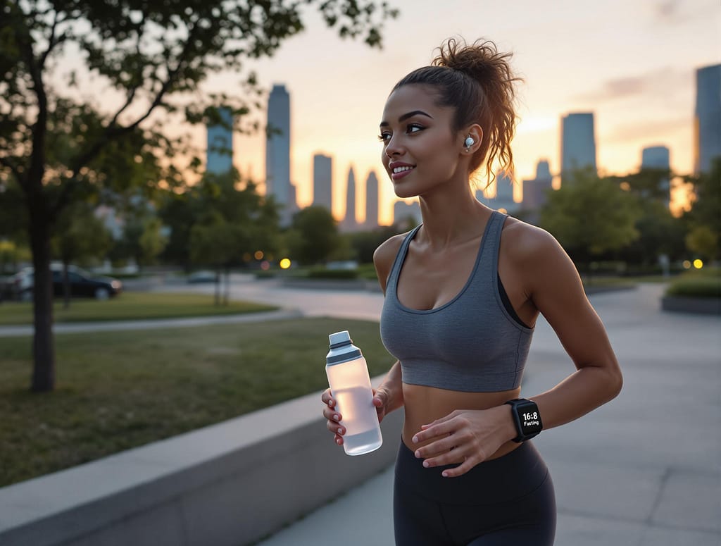 Eine Frau geht zügig durch den Park im Morgengrauen – Symbol für Intervallfasten und mentale Klarheit.