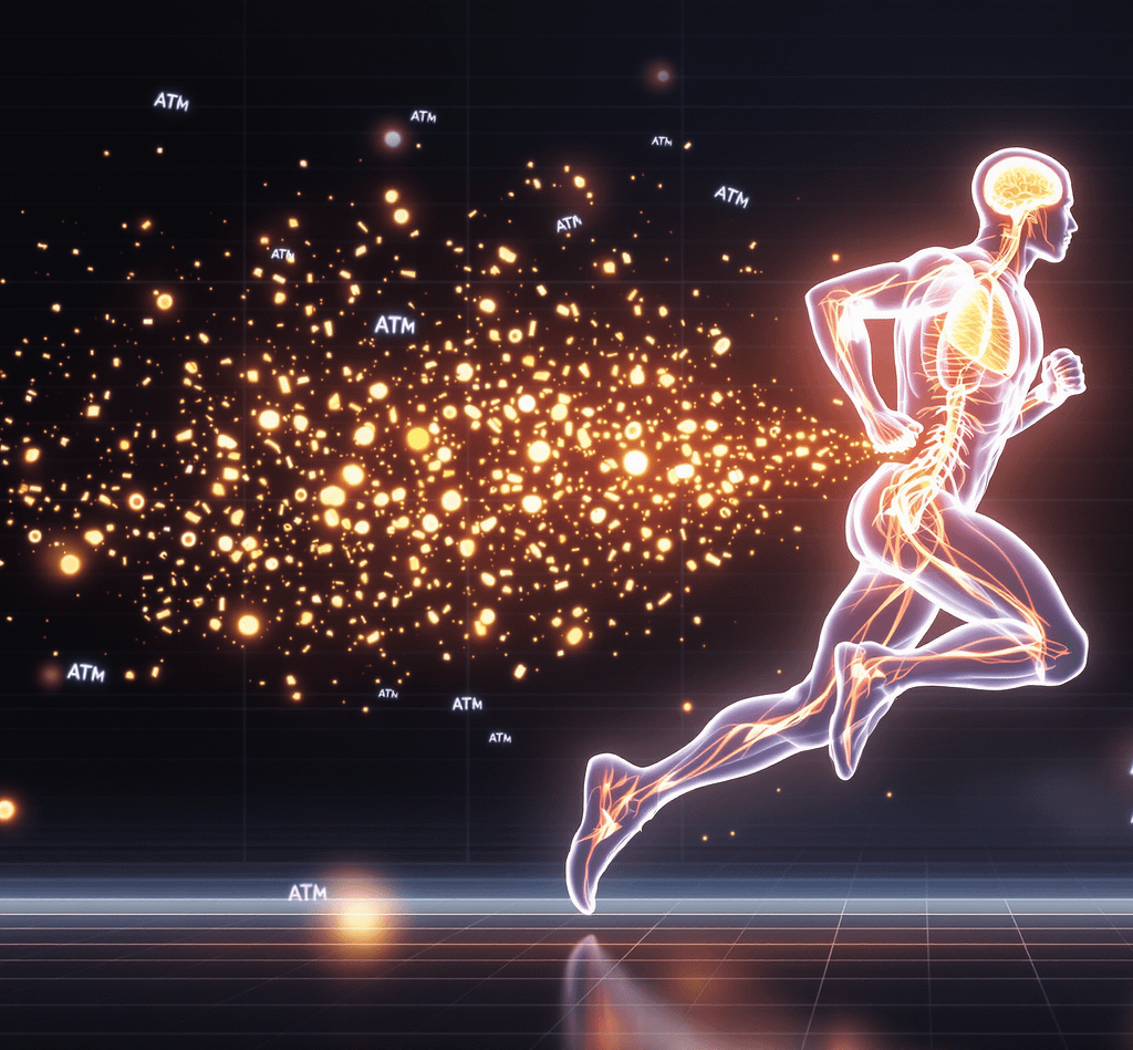 Transparente Darstellung eines sportlichen Körpers mit aktiven Mitochondrien in Muskeln, Herz und Gehirn. Fokus auf Energieproduktion und Zellgesundheit durch Bewegung.