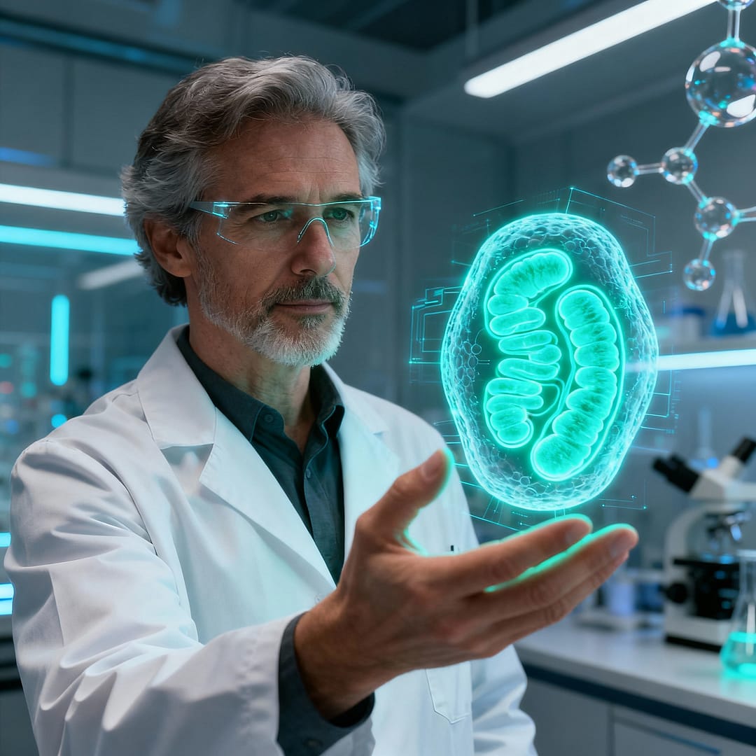 Biohacker in einem futuristischen Labor. Holografische 3 D Modell einer Zelle. Symbolische Visualisierung.