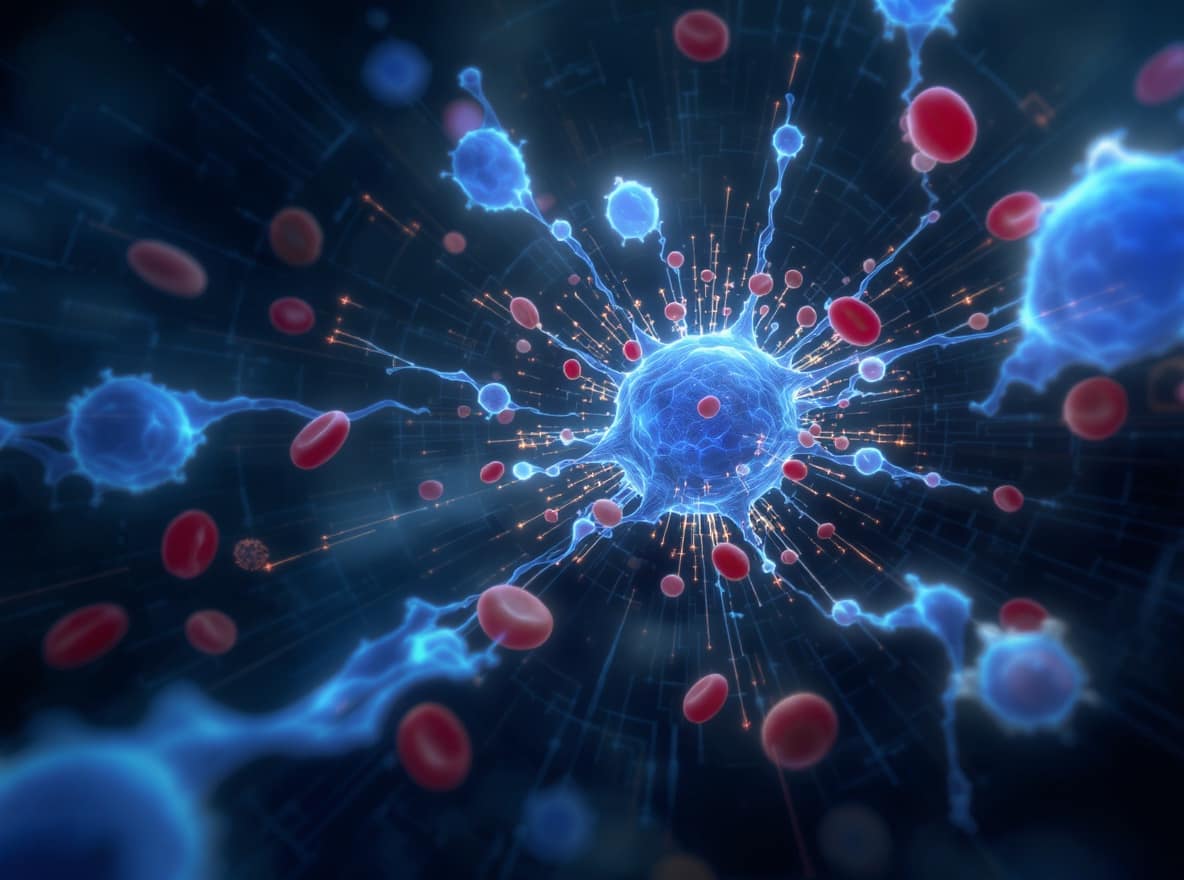Visualisierung von Stammzellregeneration durch Scheinfasten, wissenschaftlich und leuchtend.
