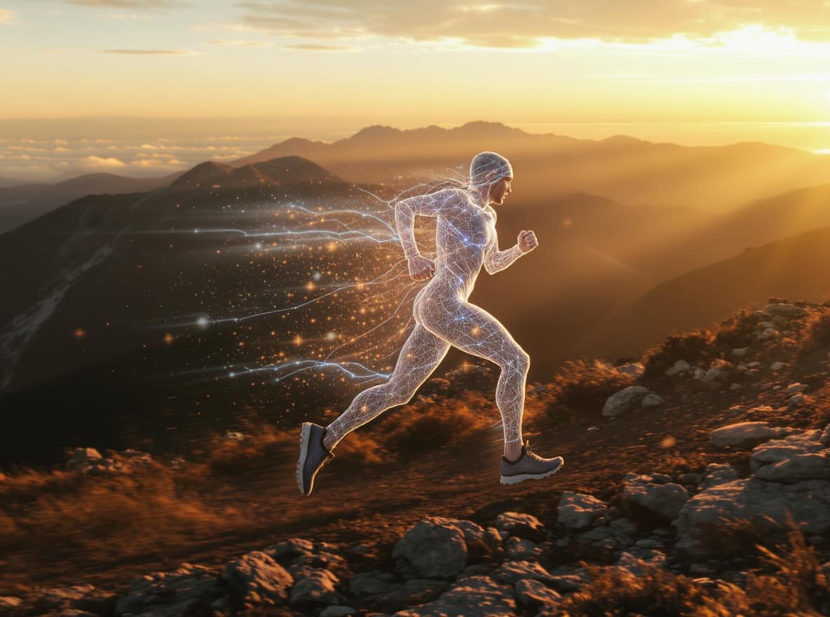 Zellreinigung durch HIIT Lauftraining. Läufer bei Sonnenuntergang in den Bergen mit leuchtenden Mitochondrien-Overlays. Symbolbild.