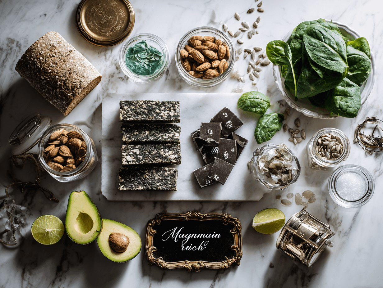 Magnesium ist viel in Kürbiskernen. Avocados und dunkler Schokolade