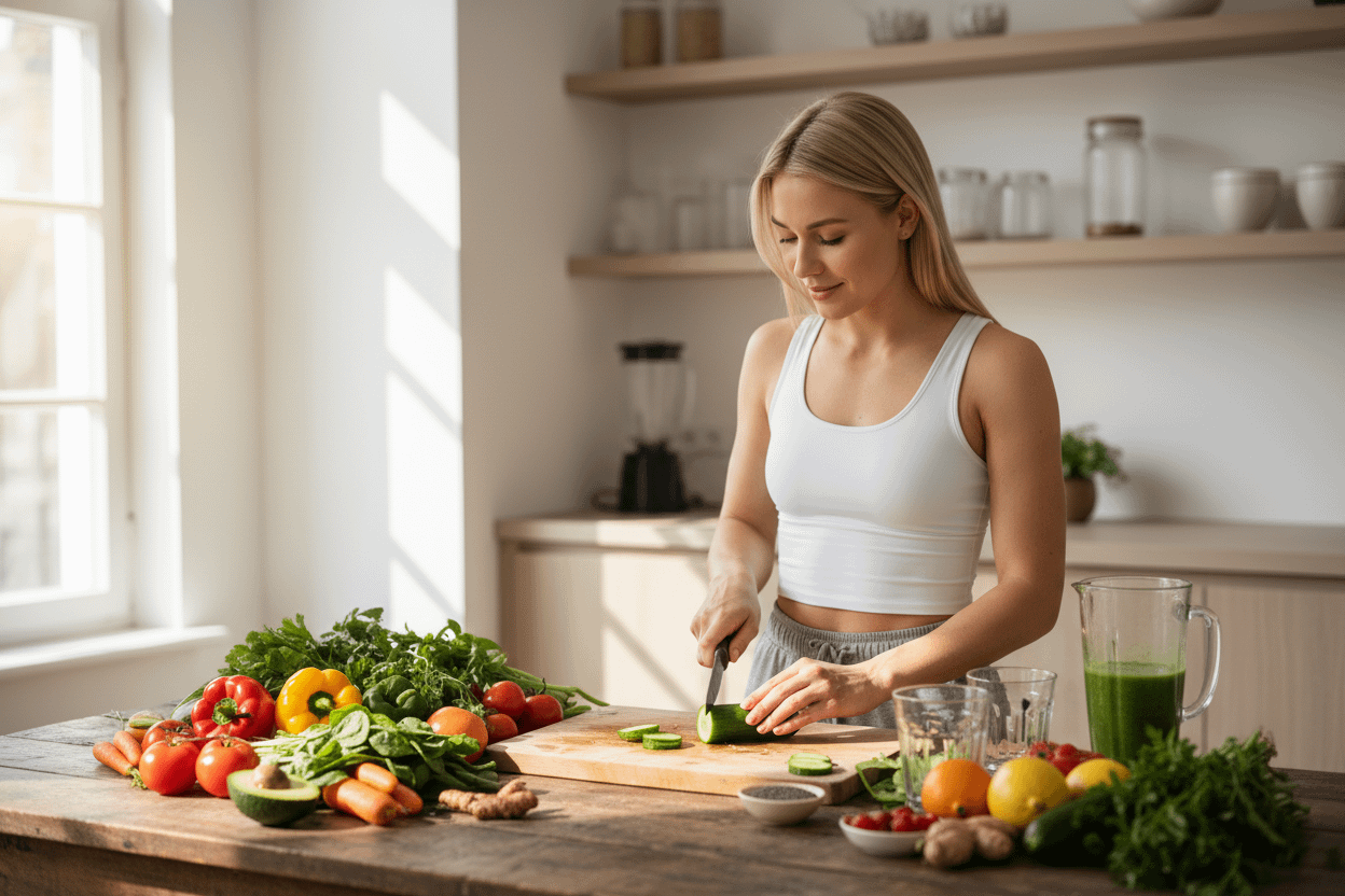 Biohacking kann dies sportliche dame mit viel frischem gemüse und früchten täglich machen. symbolbild.