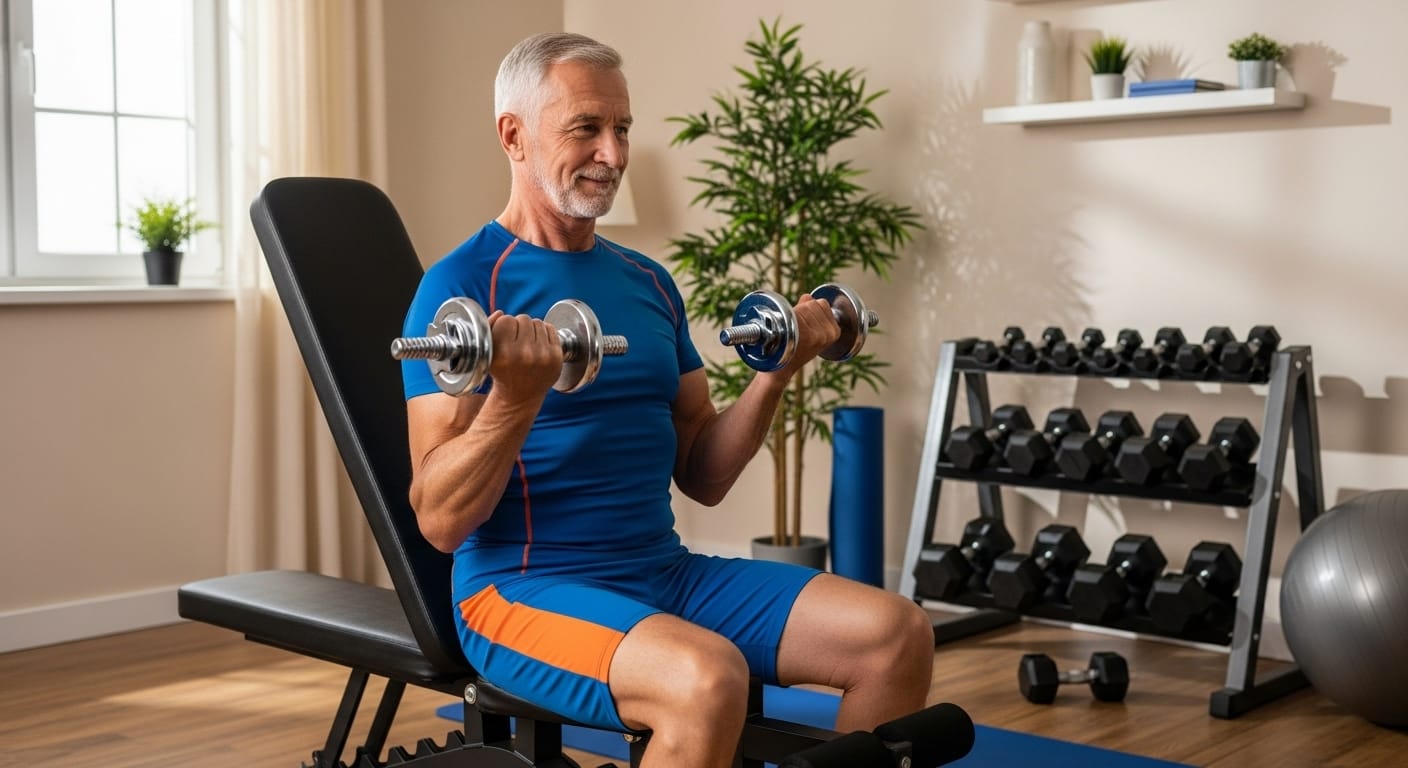 Krafttraining mit kurzhanteln halten diesen senior fit und gesund. symbolbild.