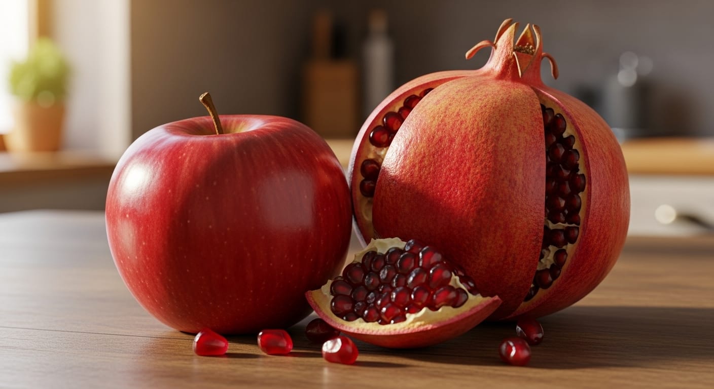 Granatapfel ist so gesund wie apfel. symbolbild der beiden gesunden kraftpakete.