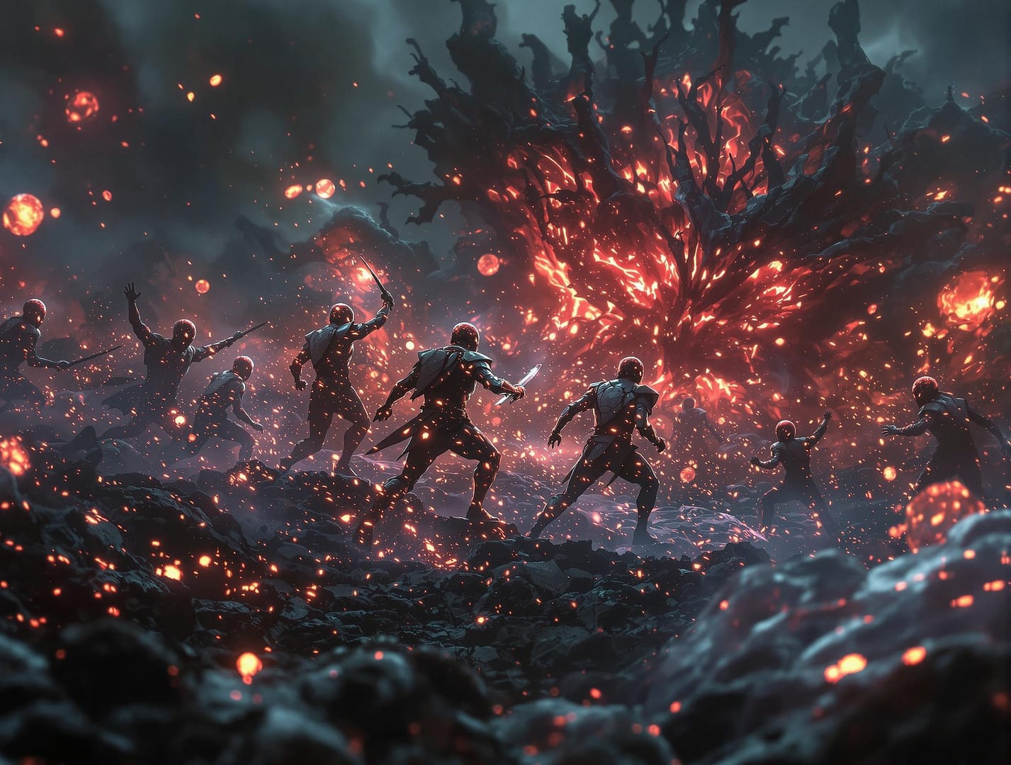 Autophagie. menschliche zellen als krieger kämpfen gegen dunkle gestalten, die alterung, krebs und alzheimer symbolisieren, auf einem surrealen schlachtfeld. symbolbild.