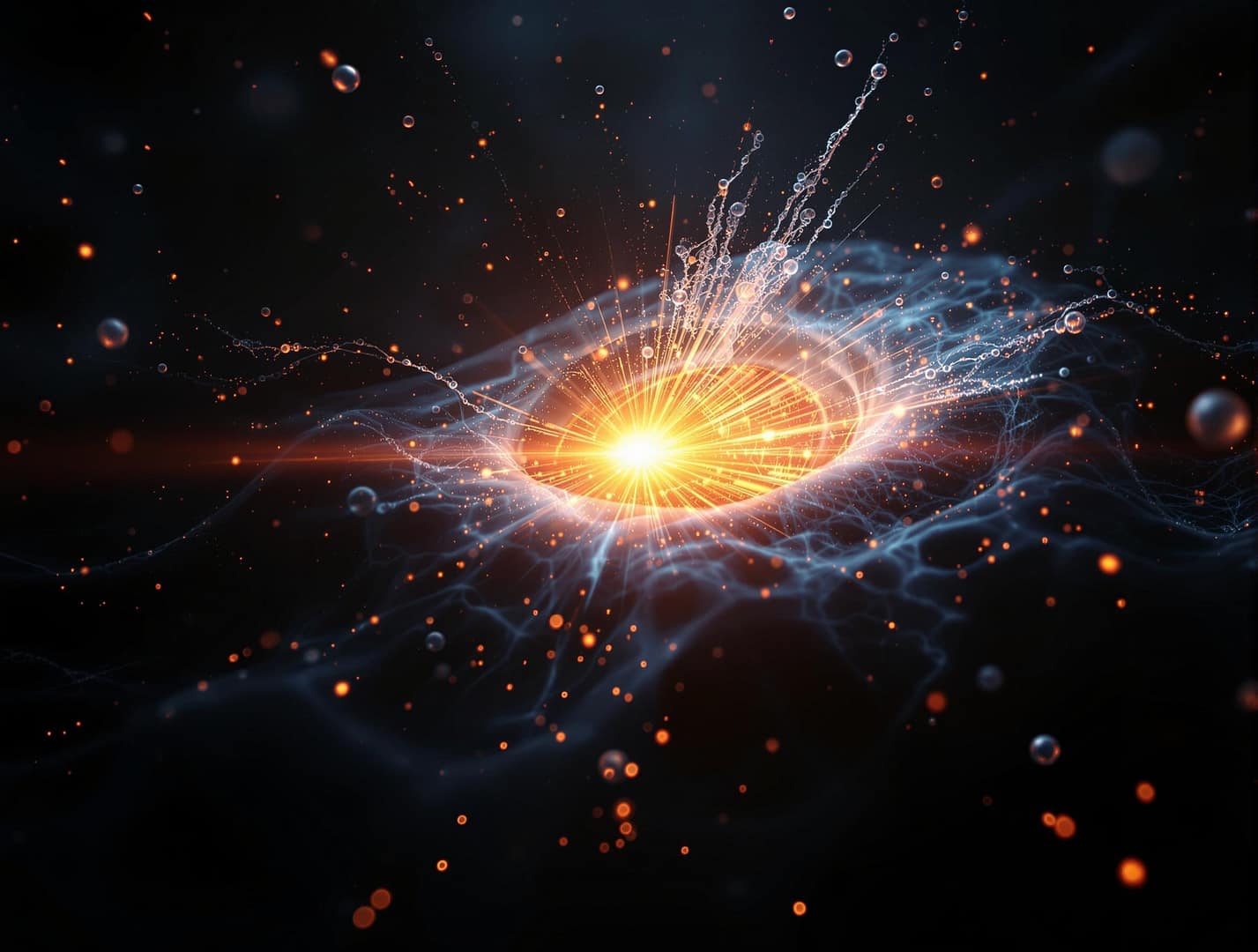 Autophagie. mystischer moment einer schlafenden zelle, in der ein lichtausbruch die aktivierung der autophagie symbolisiert, vor tiefschwarzem hintergrund.