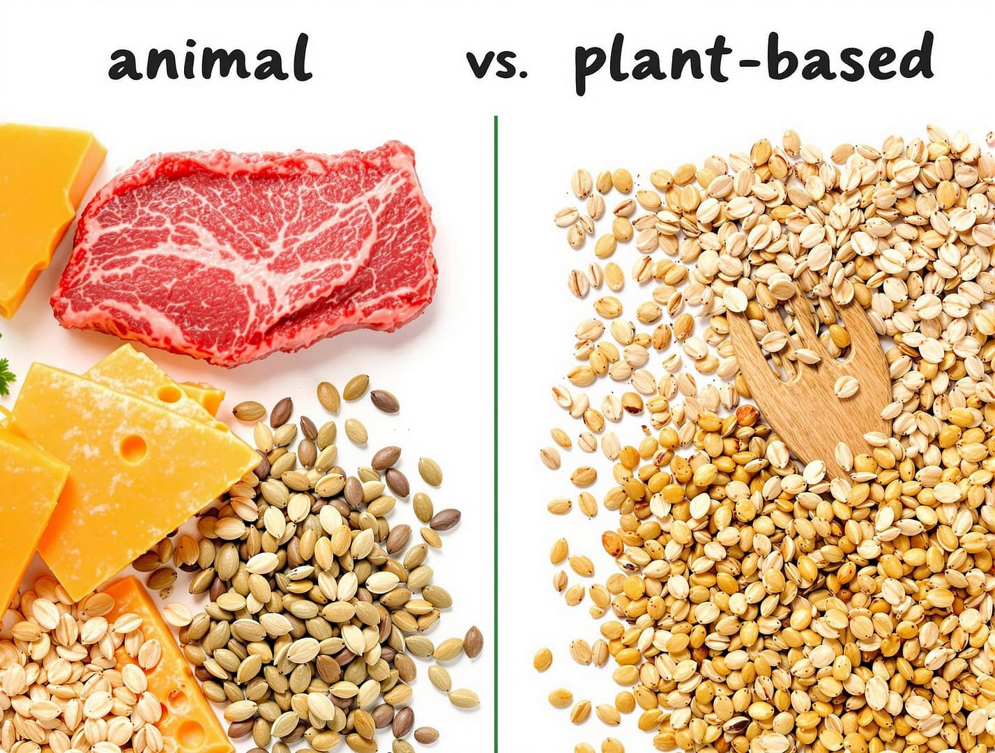 Zink vergleich zwischen tierischen und pflanzlichen zinkquellen. links rindfleisch und käse, rechts kürbiskerne, haferflocken und linsen.