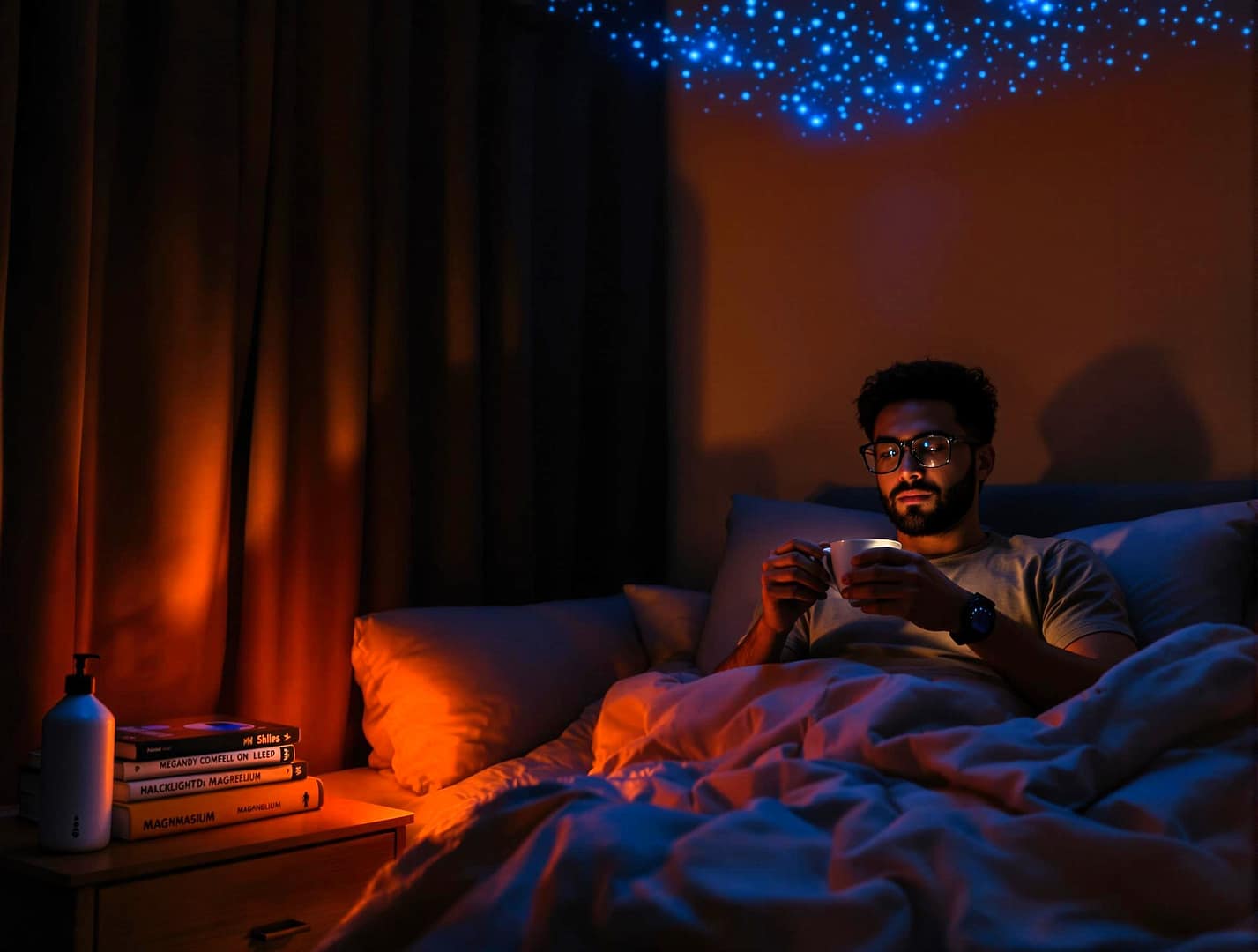 Ein Mann bereitet sich in gedämpftem Licht mit Tee und Blaulichtfilterbrille auf den Schlaf vor – Darstellung von Schlafhygiene und Biohacking.