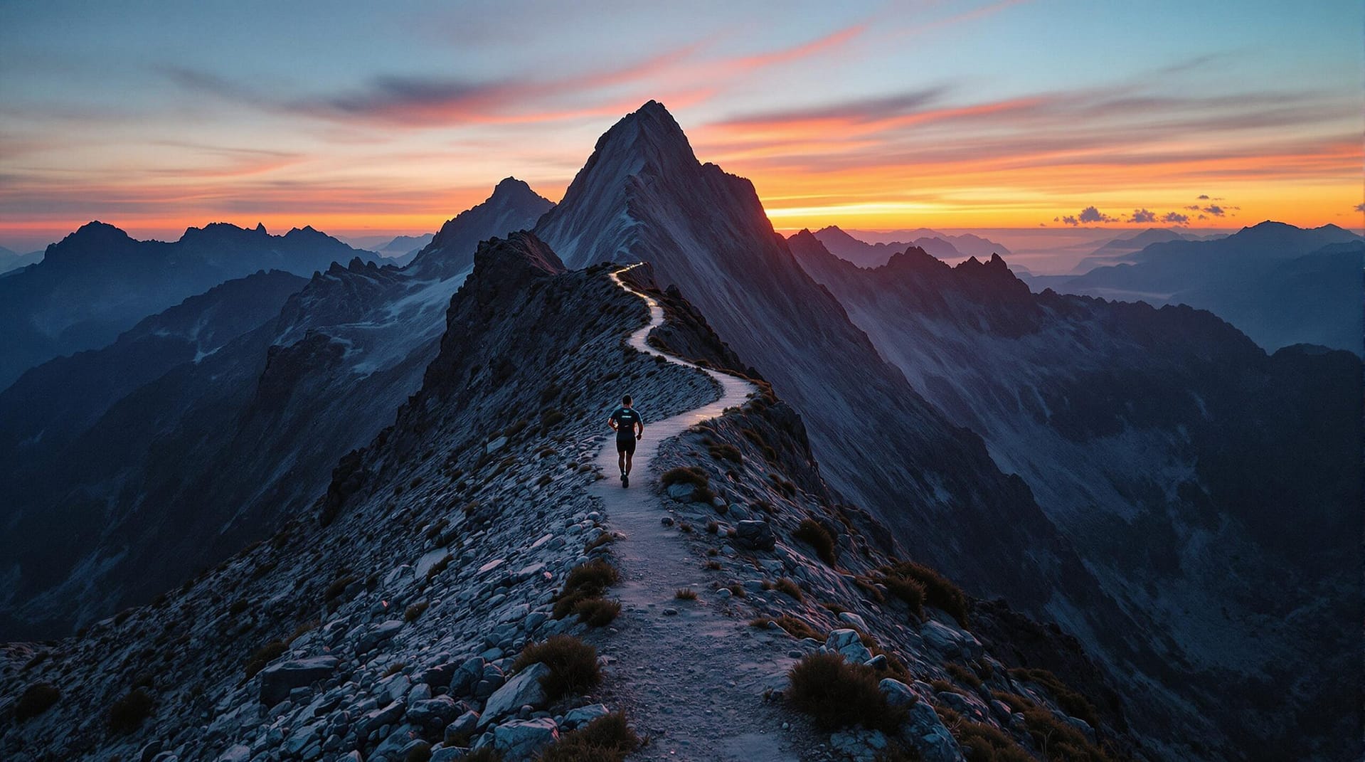 Ultramarathonläufer mit Hightech-Wearables auf anspruchsvollem Bergpfad bei Sonnenuntergang.