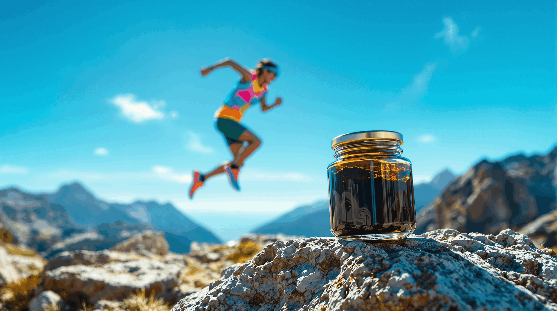Energiegeladener Läufer beim Sprung auf einem Bergpfad, im Vordergrund ein Behälter mit Shilajit-Harz auf einem Felsen, dahinter sonnige Berglandschaft.