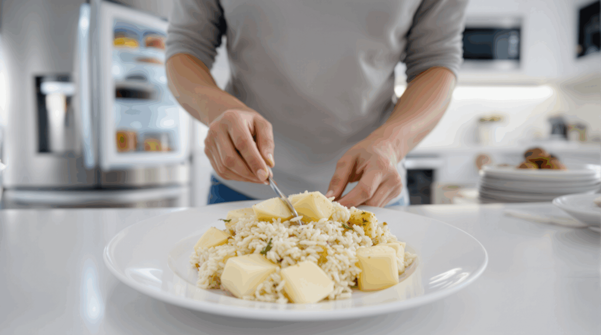 Person, die eine Mahlzeit mit gekühltem Reis oder Kartoffeln serviert, um den Gehalt an resistenter Stärke zu erhöhen und die Glukoseregulierung zu unterstützen.