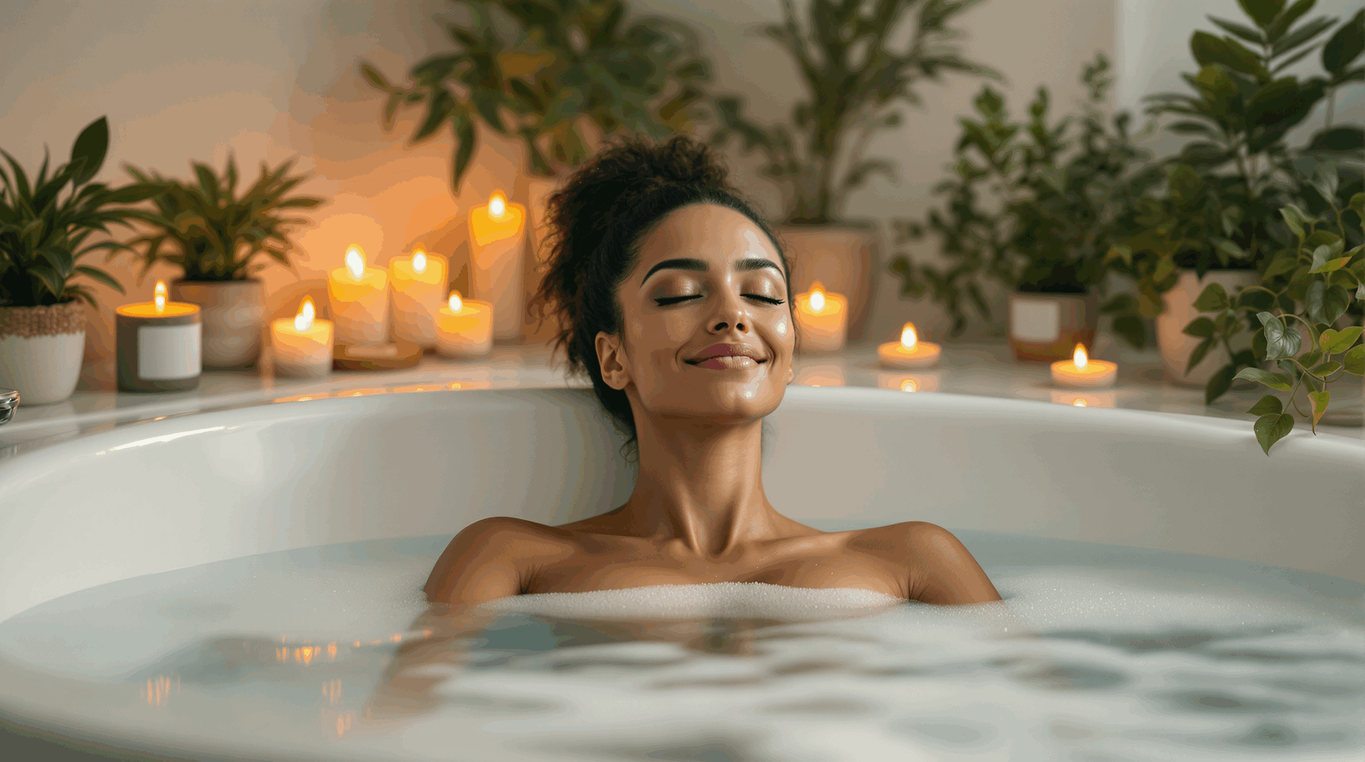 Sportliche Athletin entspannt in einem mit Magnesiumsalzen angereicherten Bad, umgeben von Kerzenlicht und Pflanzen, symbolisiert Regeneration.