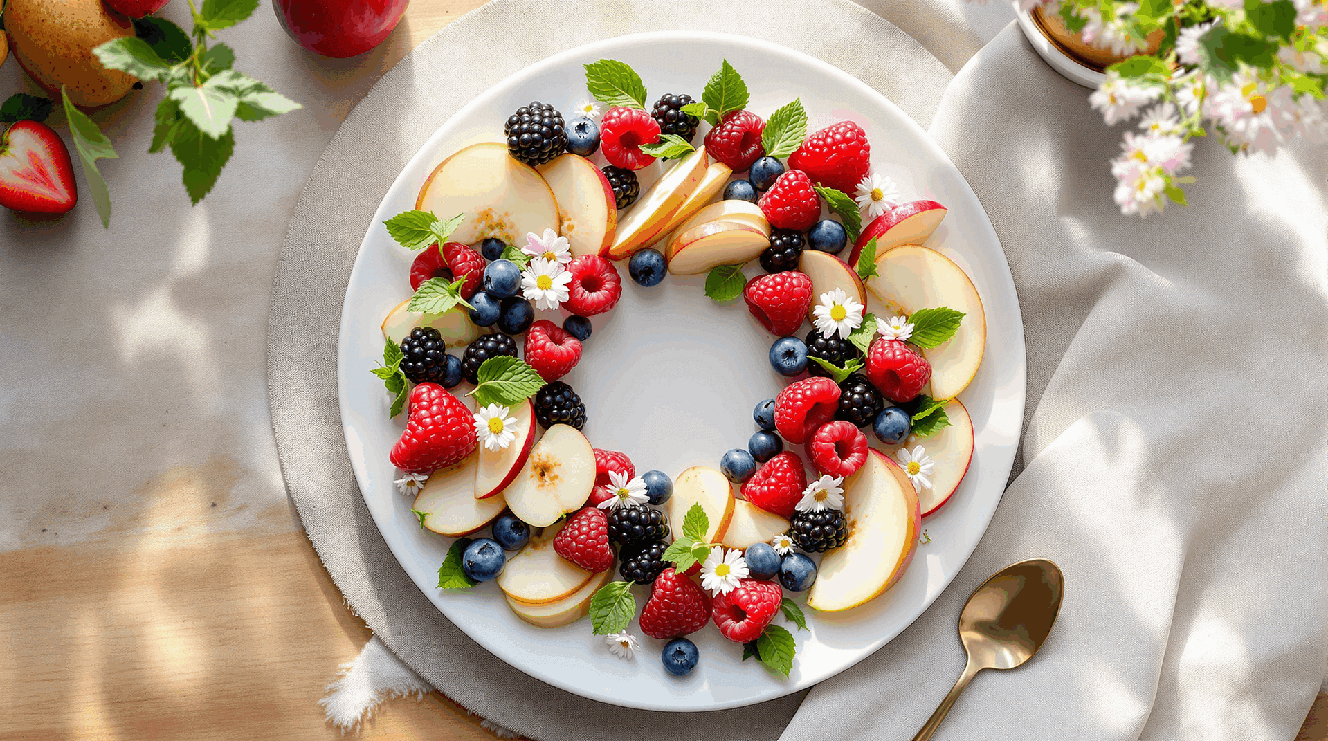 Das ist Biohacking alltagstauglich. Teller mit heimischem Obst, kreativ und gesund dekoriert.