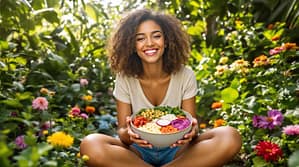 Frau genießt Mikrobiom-Bowl mit Kimchi und Gemüse im Garten – Biohacking für Darmgesundheit und Lebensfreude. Keywords: Darmgesundheit, Mikrobiom, Biohacking-Bowl, Fermentiertes Essen, Stimmung.