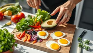 Person bereitet nährstoffreiche Biohacking-Mahlzeit mit buntem Gemüse, Avocado und Eiern zu